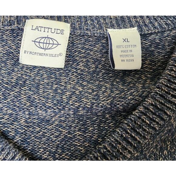 Latitude Vtg 90s Blue Brown Speckled Cotton Sweater Men XL Long Sleeve V- Neck - Picture 7 of 9